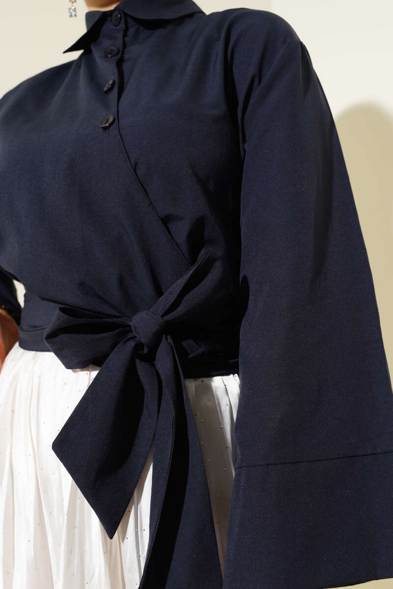 Short Button Shirt with Side Tie - Navy