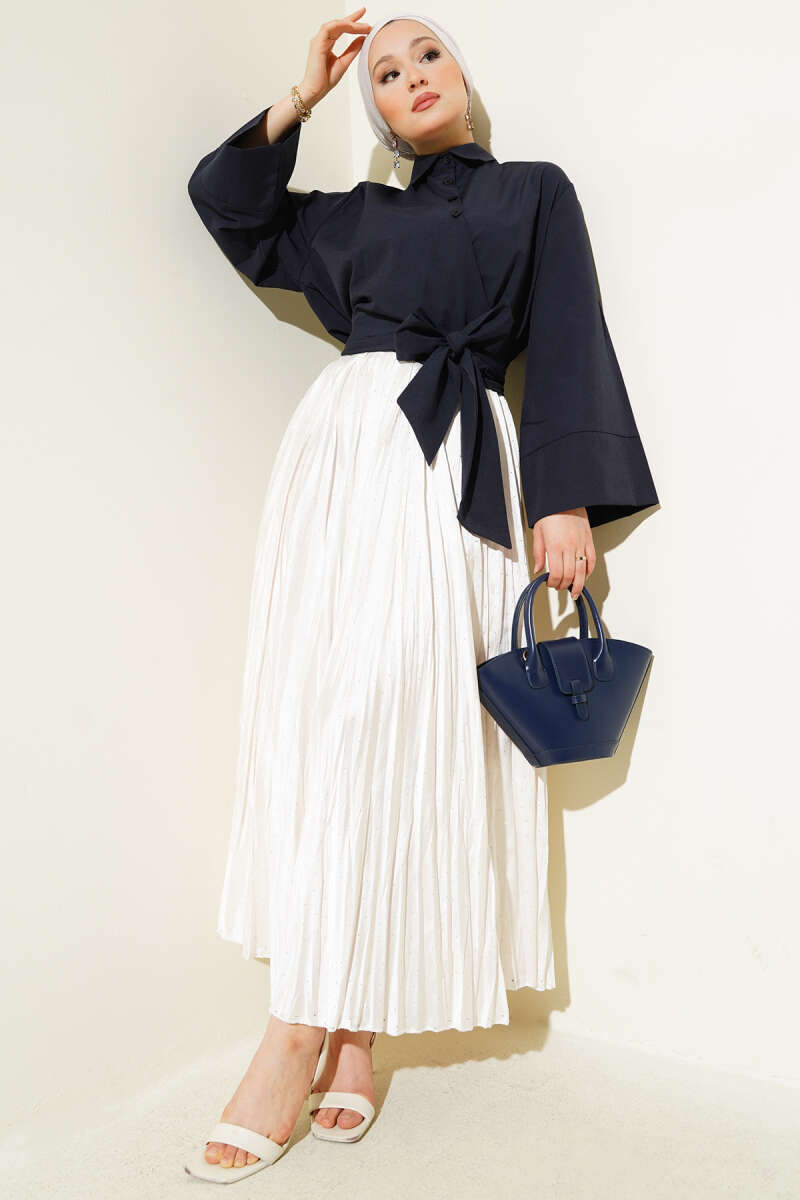 Short Button Shirt with Side Tie - Navy