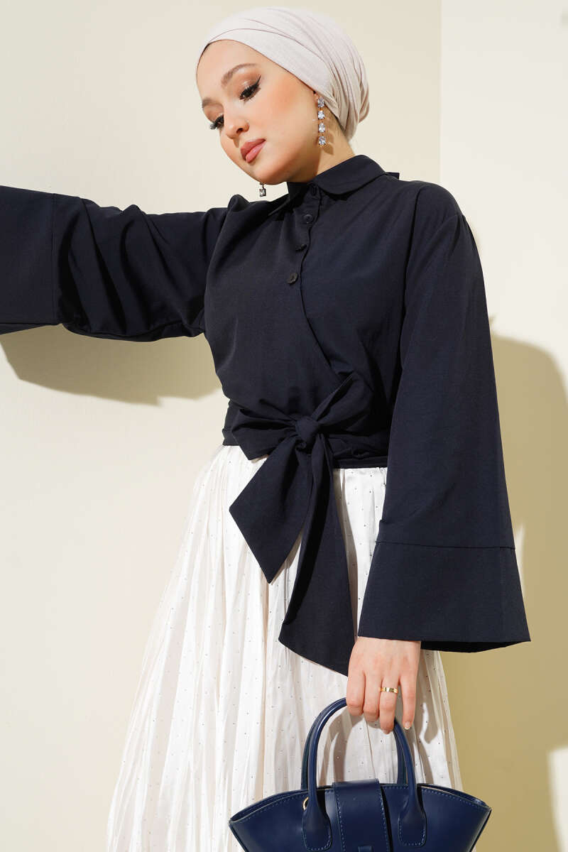 Short Button Shirt with Side Tie - Navy