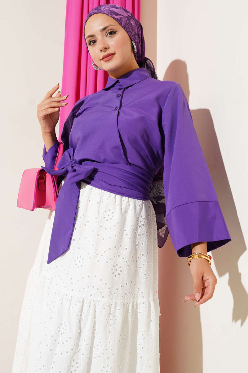 Short Button Shirt with Side Tie - Purple