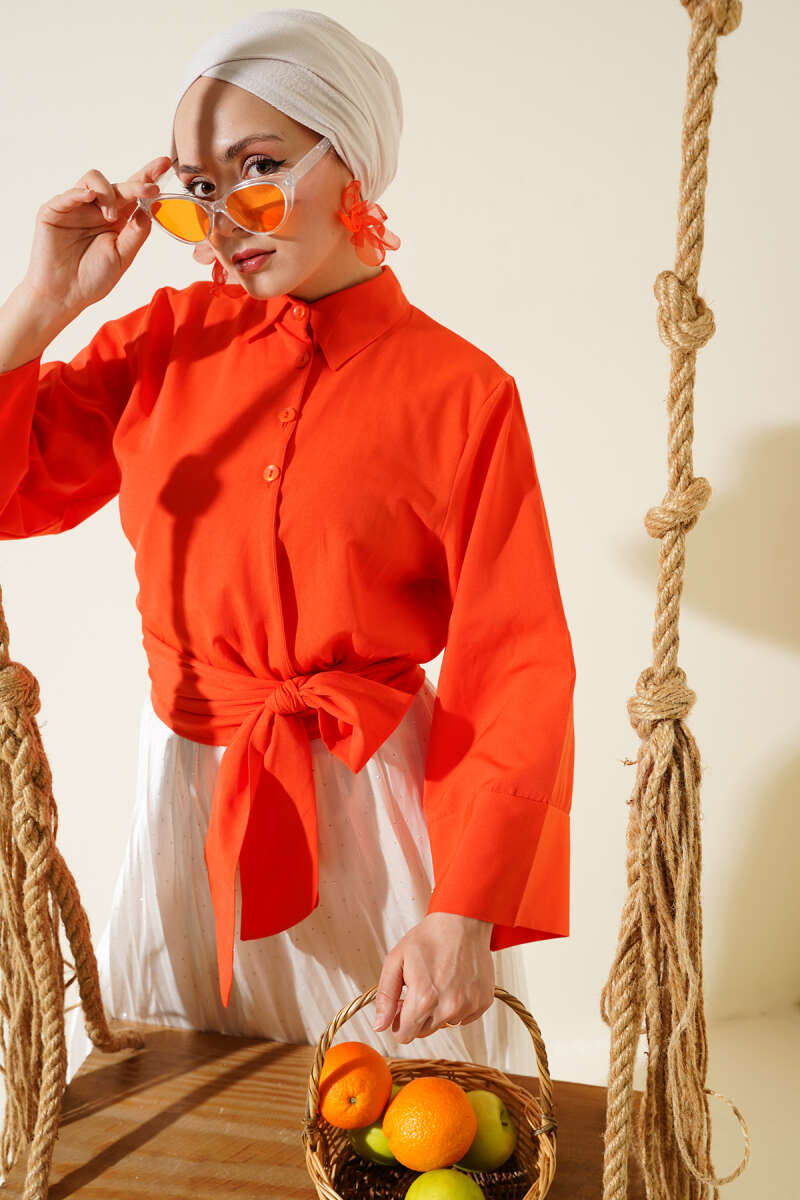 Short Button Shirt with Side Tie - Orange