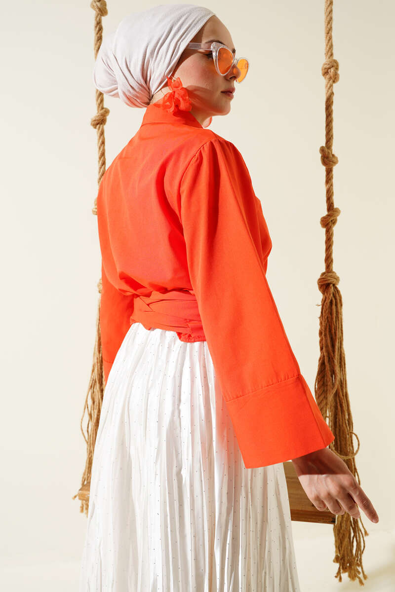 Short Button Shirt with Side Tie - Orange