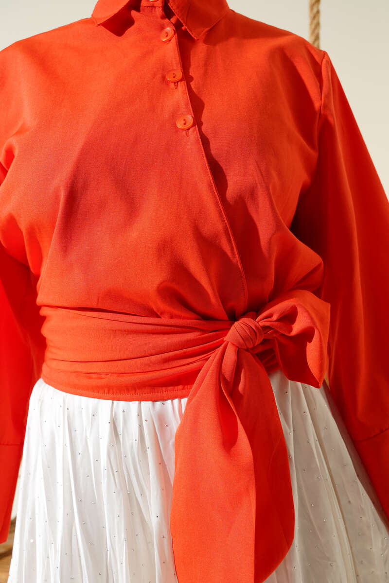Short Button Shirt with Side Tie - Orange