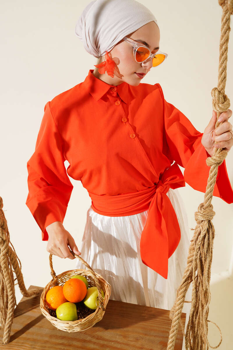 Short Button Shirt with Side Tie - Orange