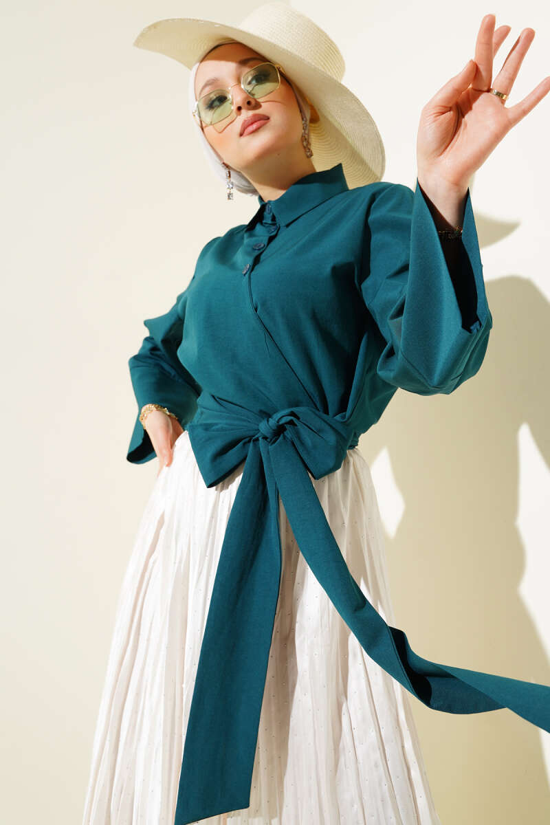 Short Button Shirt with Side Tie - Teal