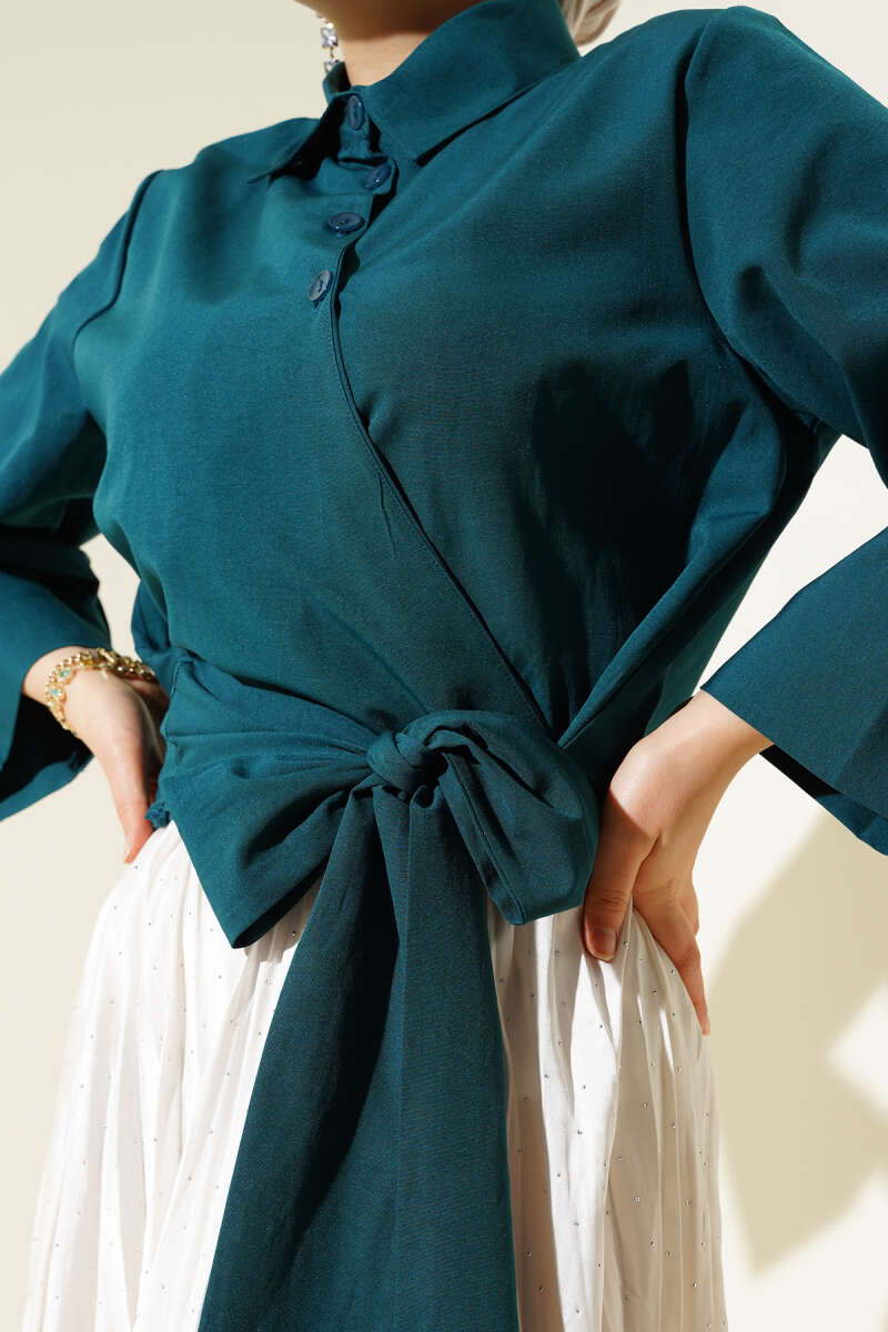 Short Button Shirt with Side Tie - Teal