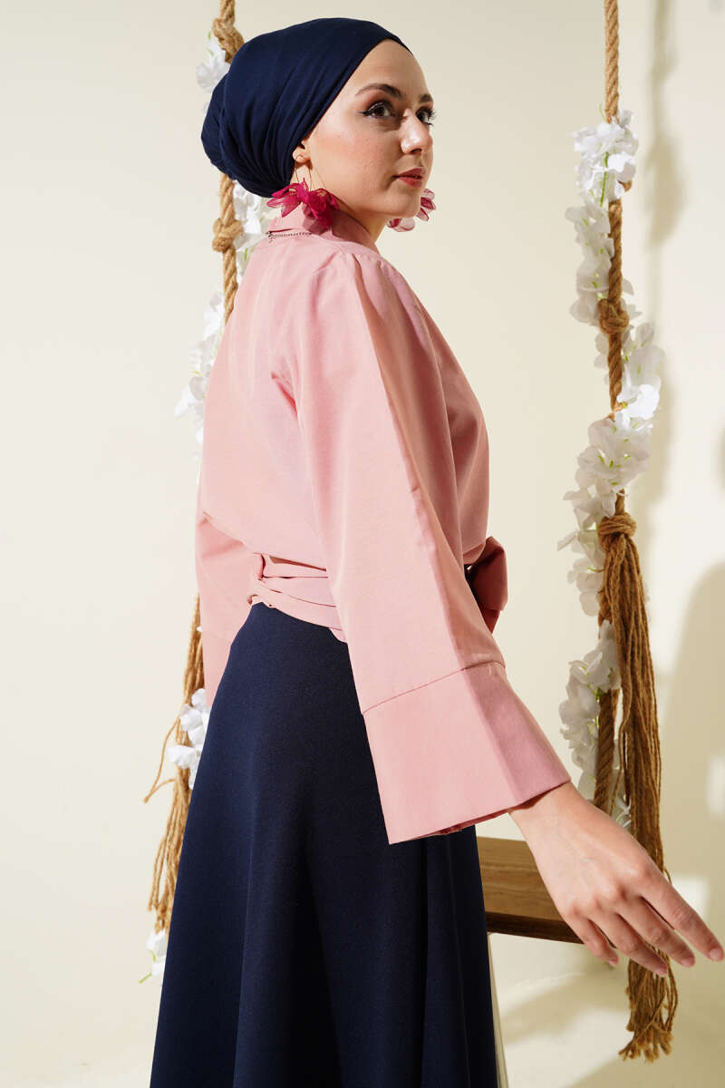 Short Button Shirt with Side Tie - Powder
