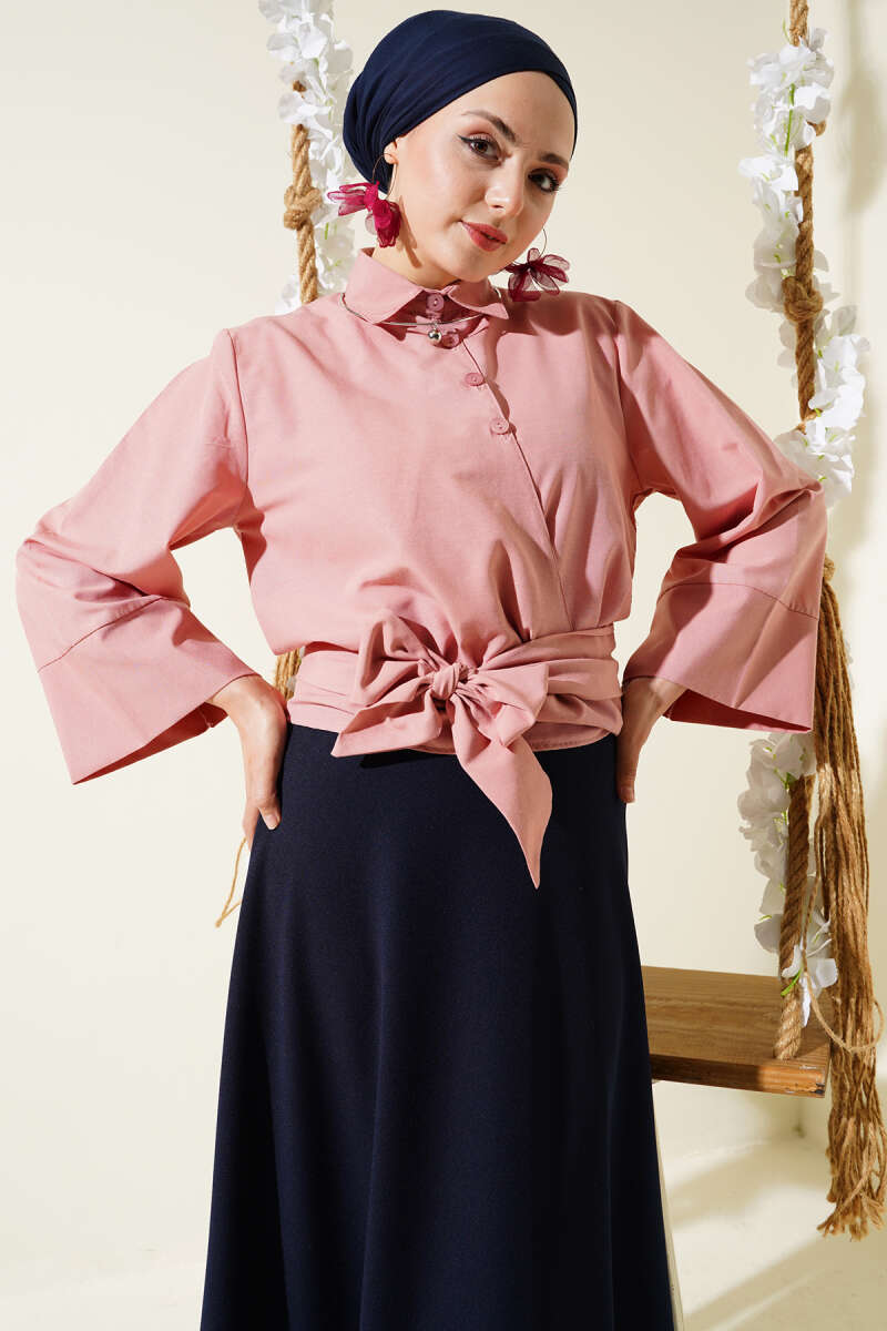 Short Button Shirt with Side Tie - Powder