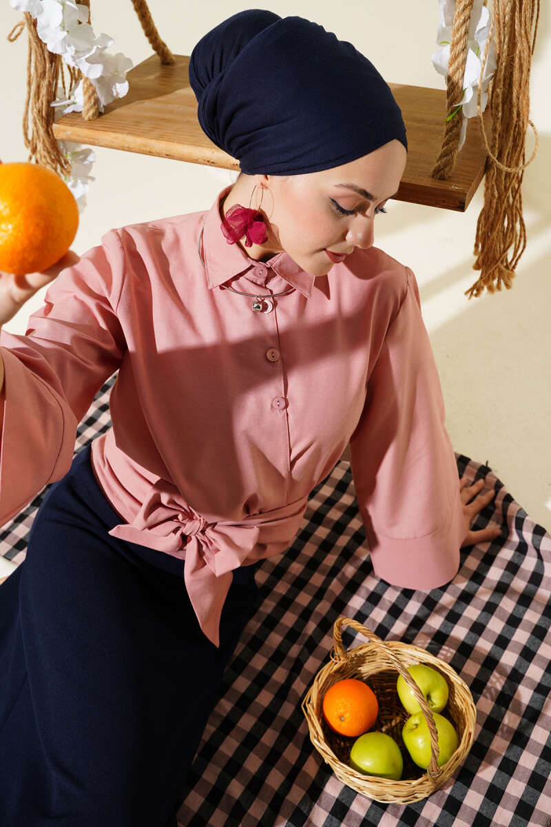 Short Button Shirt with Side Tie - Powder