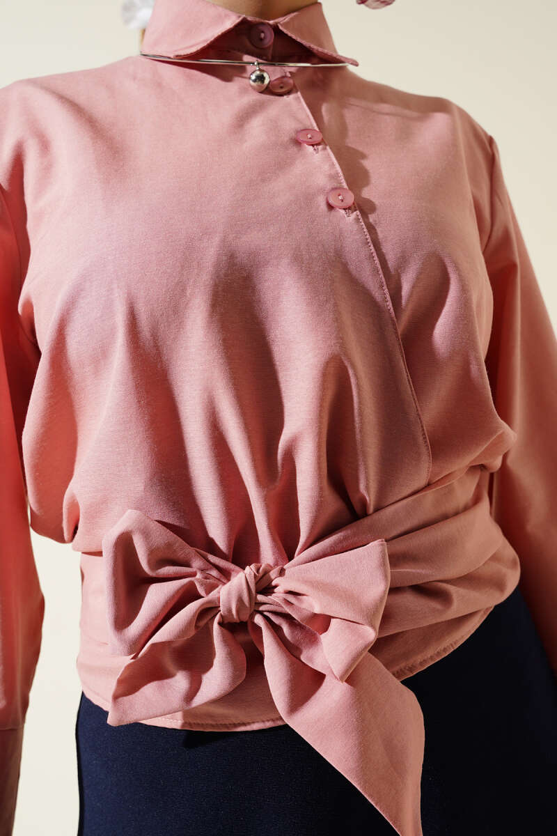 Short Button Shirt with Side Tie - Powder