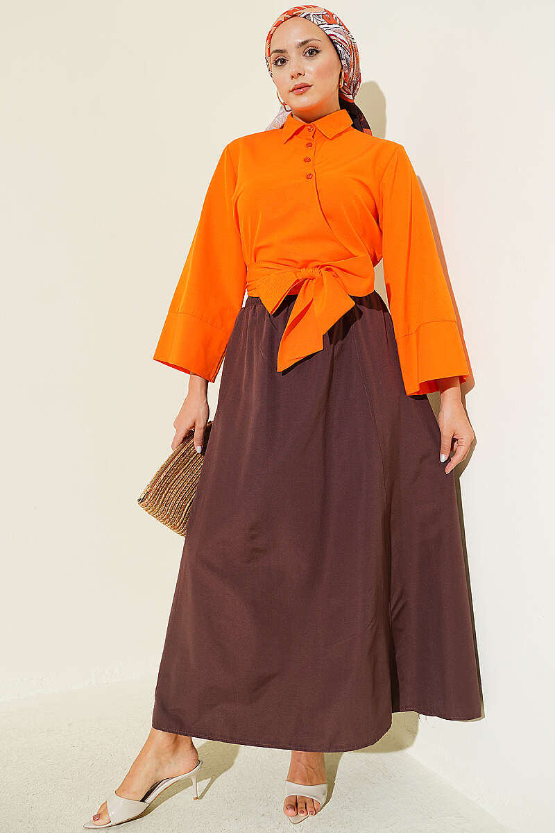 Short Button Shirt with Side Tie - Orange 2