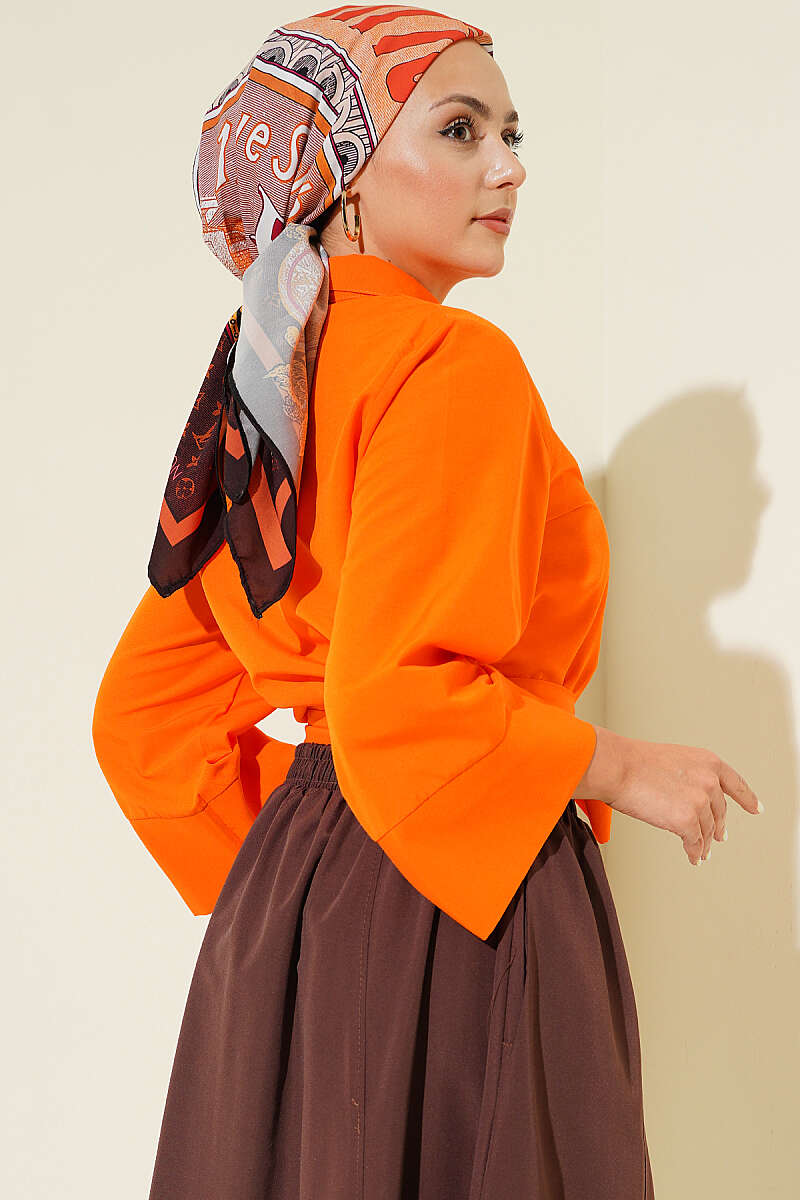 Short Button Shirt with Side Tie - Orange 2