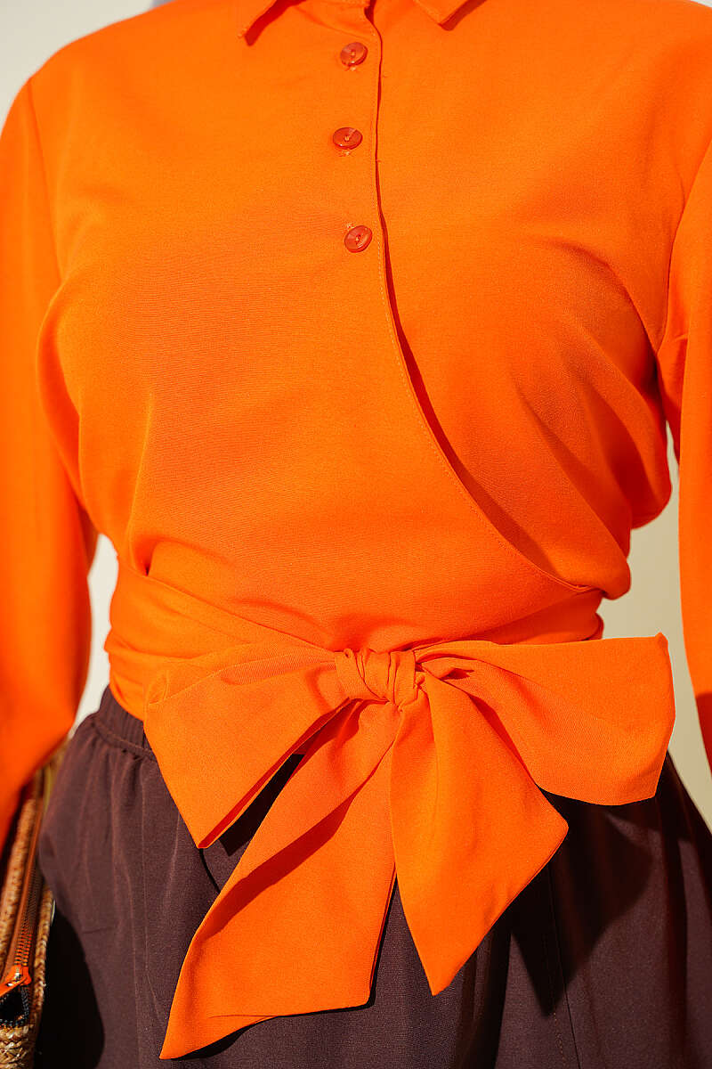 Short Button Shirt with Side Tie - Orange 2