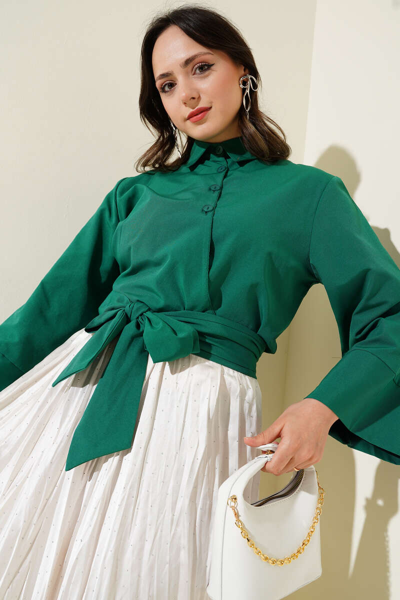 Short Button Shirt with Side Tie - Emerald