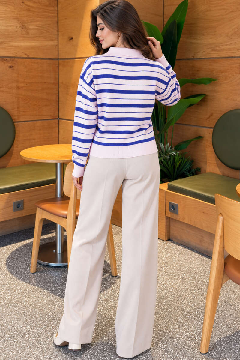 Button Horizontal-Stripe Knit Sweater - Pink