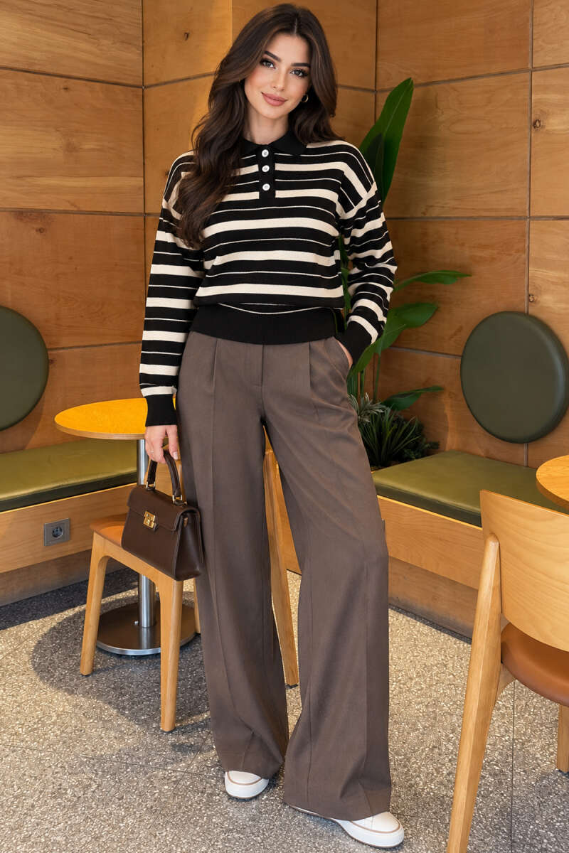 Button Horizontal-Stripe Knit Sweater - Black