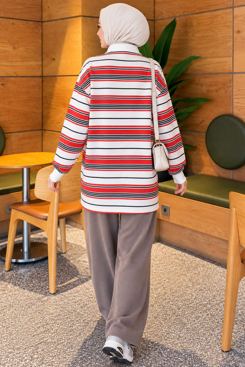 Striped Button Tunic - Red