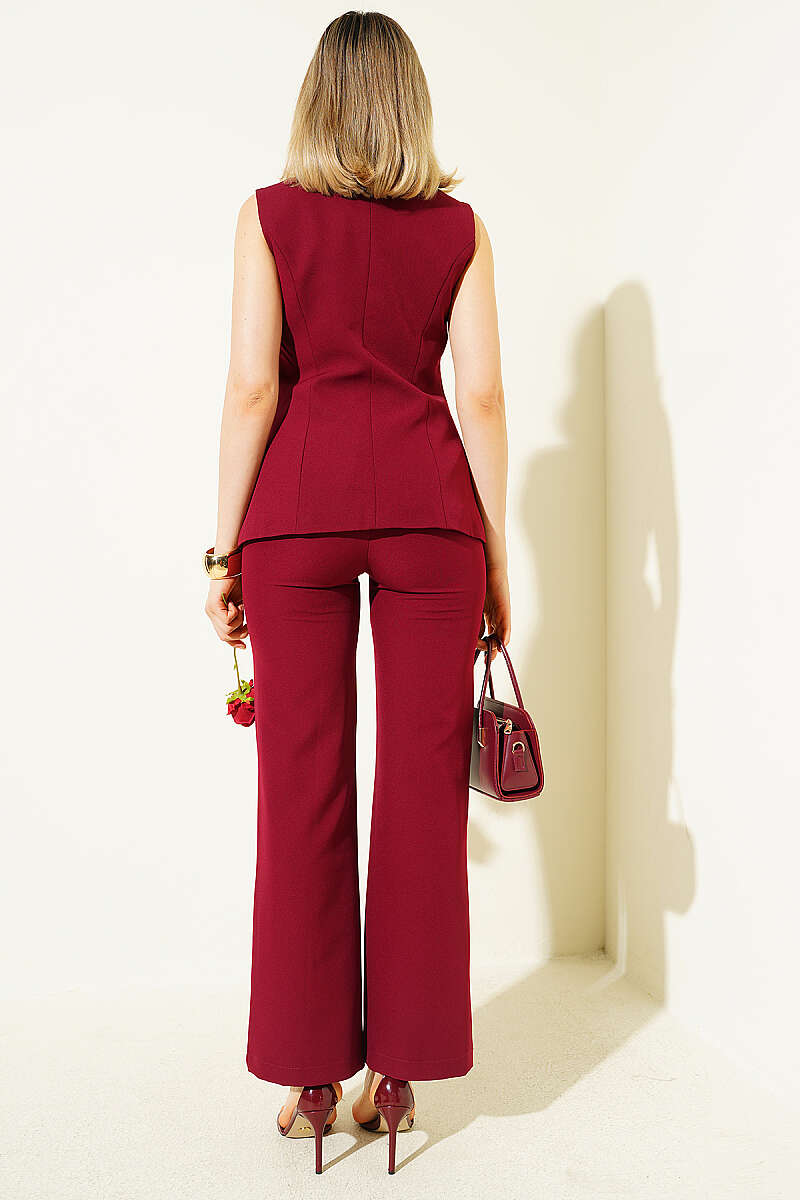 Button Vest and Pants Set - Burgundy