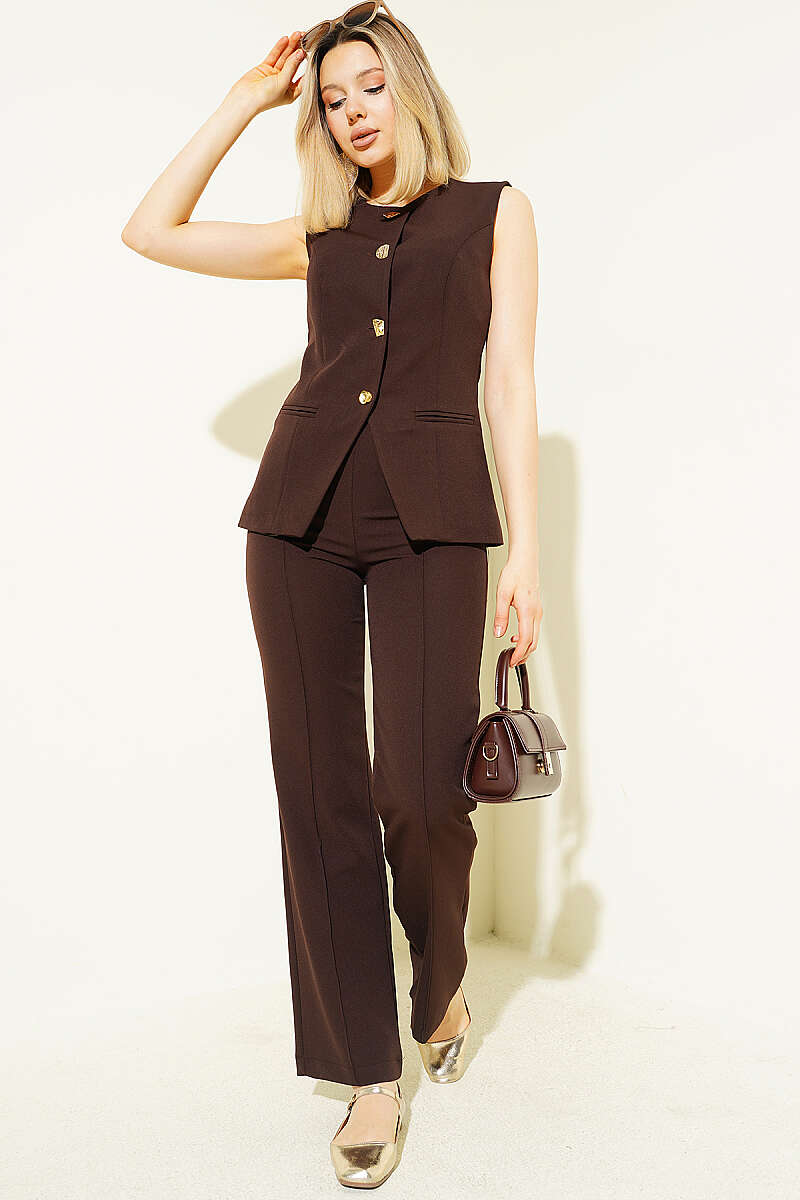 Button Vest and Pants Set - Brown
