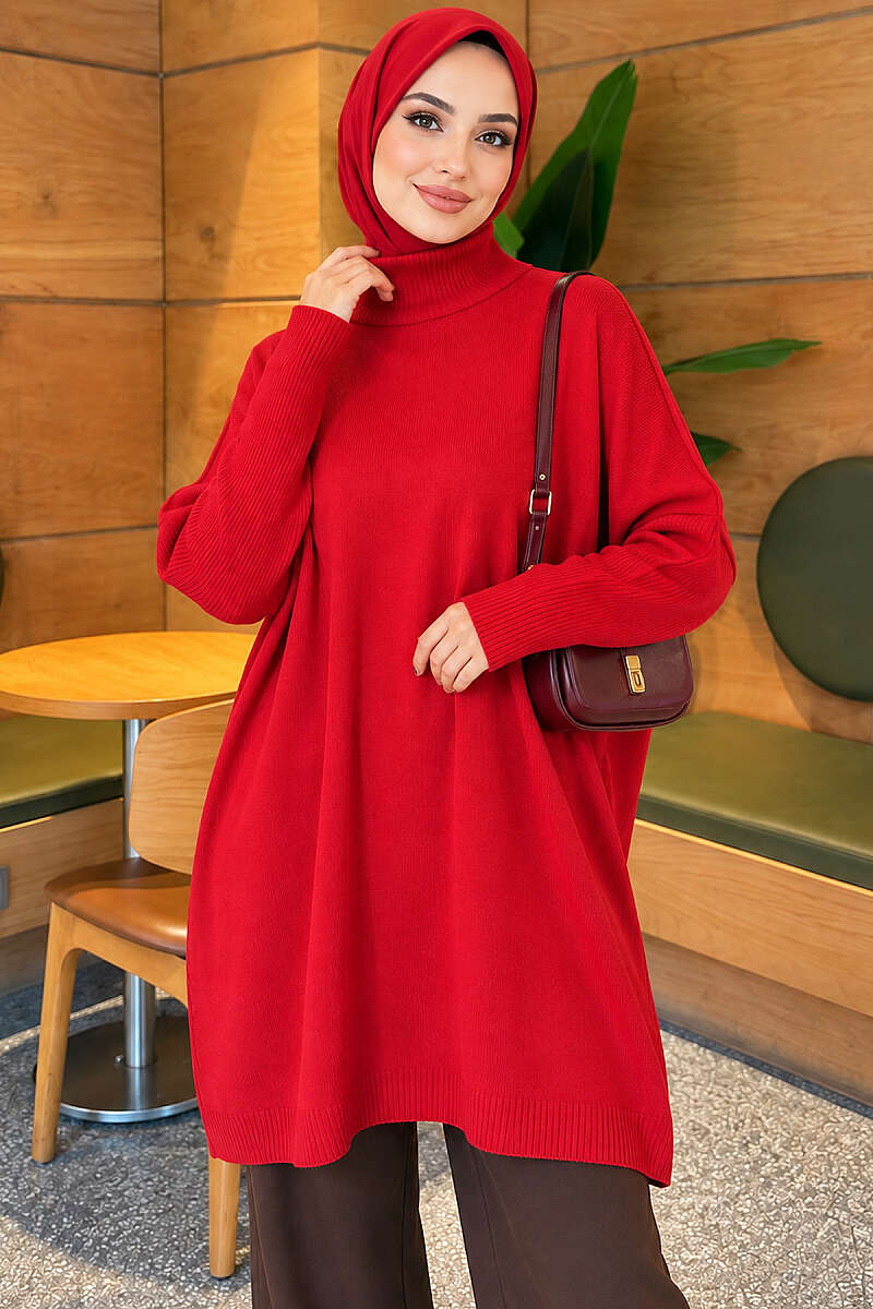 Drop-Sleeve Knit Tunic - Red