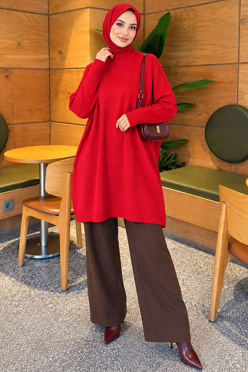 Drop-Sleeve Knit Tunic - Red