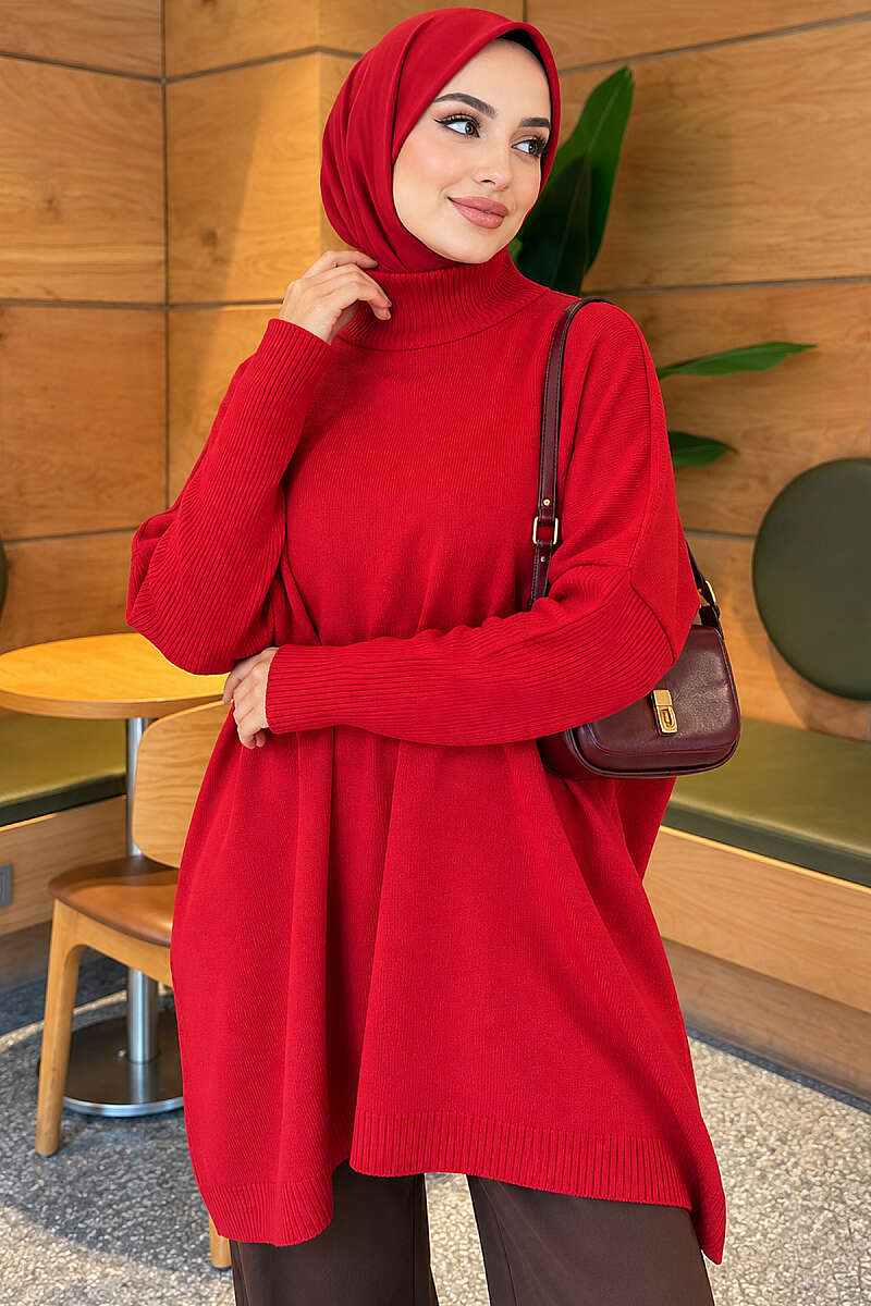 Drop-Sleeve Knit Tunic - Red