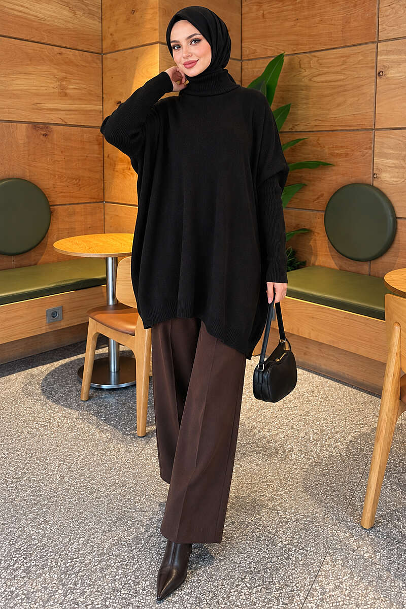 Drop-Sleeve Knit Tunic - Black