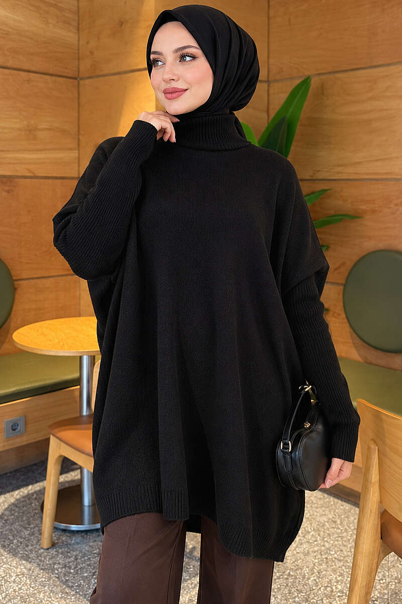 Drop-Sleeve Knit Tunic - Black