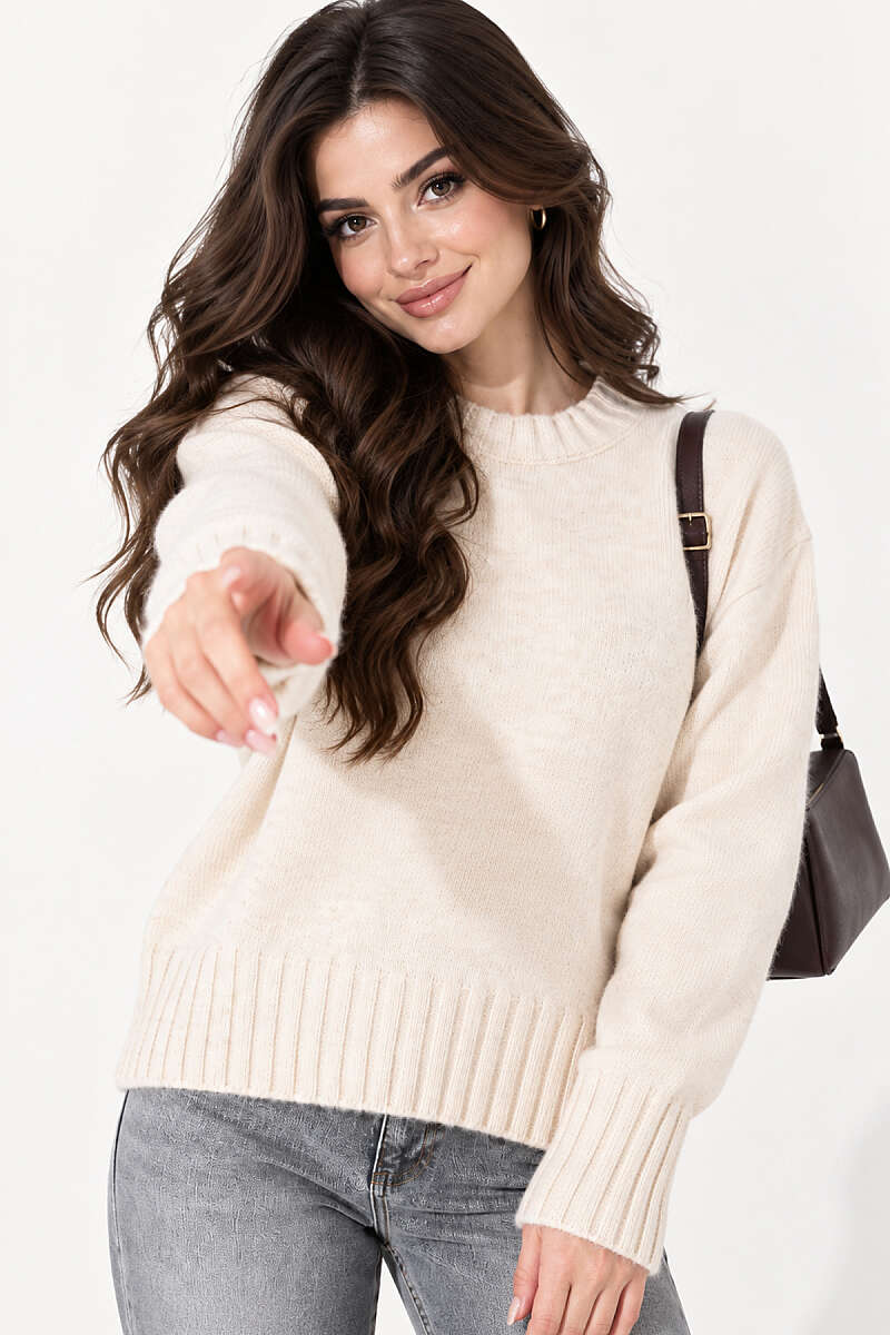 Drop-Shoulder Basic Knit Sweater - Beige