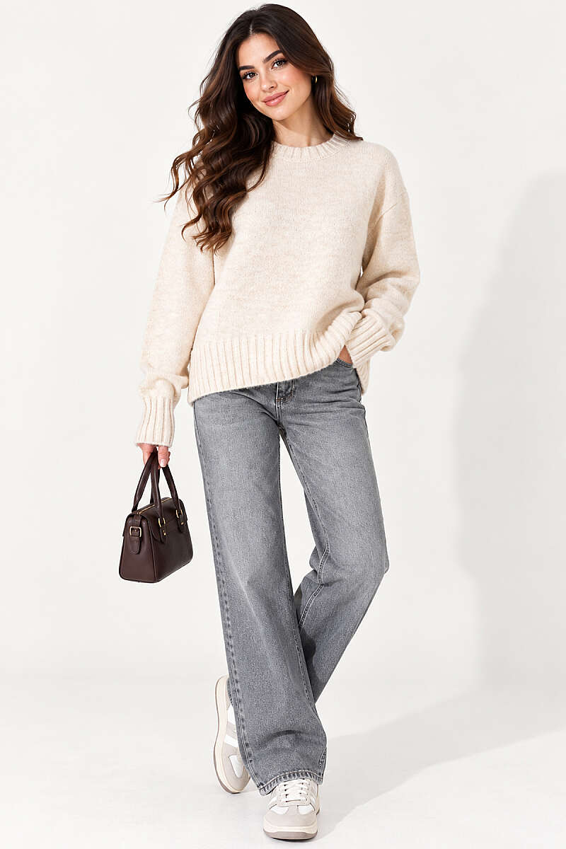 Drop-Shoulder Basic Knit Sweater - Beige