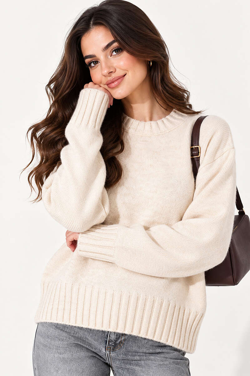 Drop-Shoulder Basic Knit Sweater - Beige