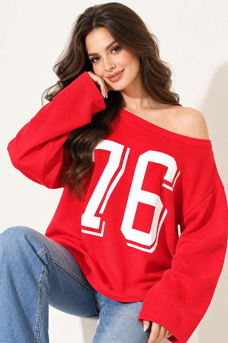 Drop-Shoulder Printed Sweatshirt - Red