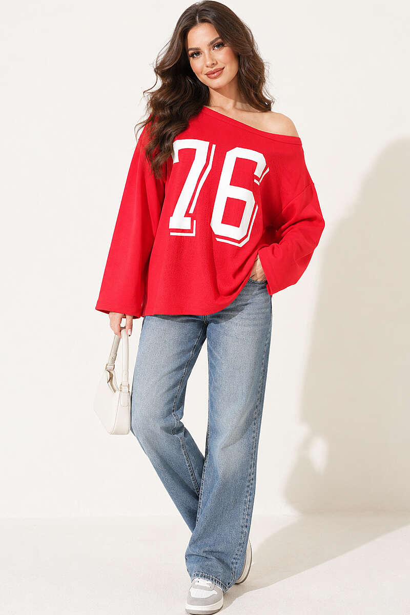Drop-Shoulder Printed Sweatshirt - Red