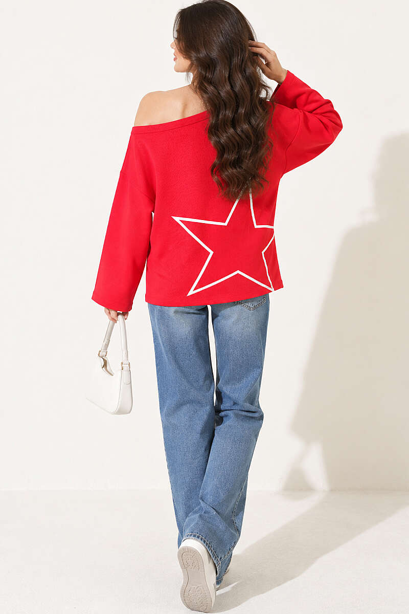 Drop-Shoulder Printed Sweatshirt - Red