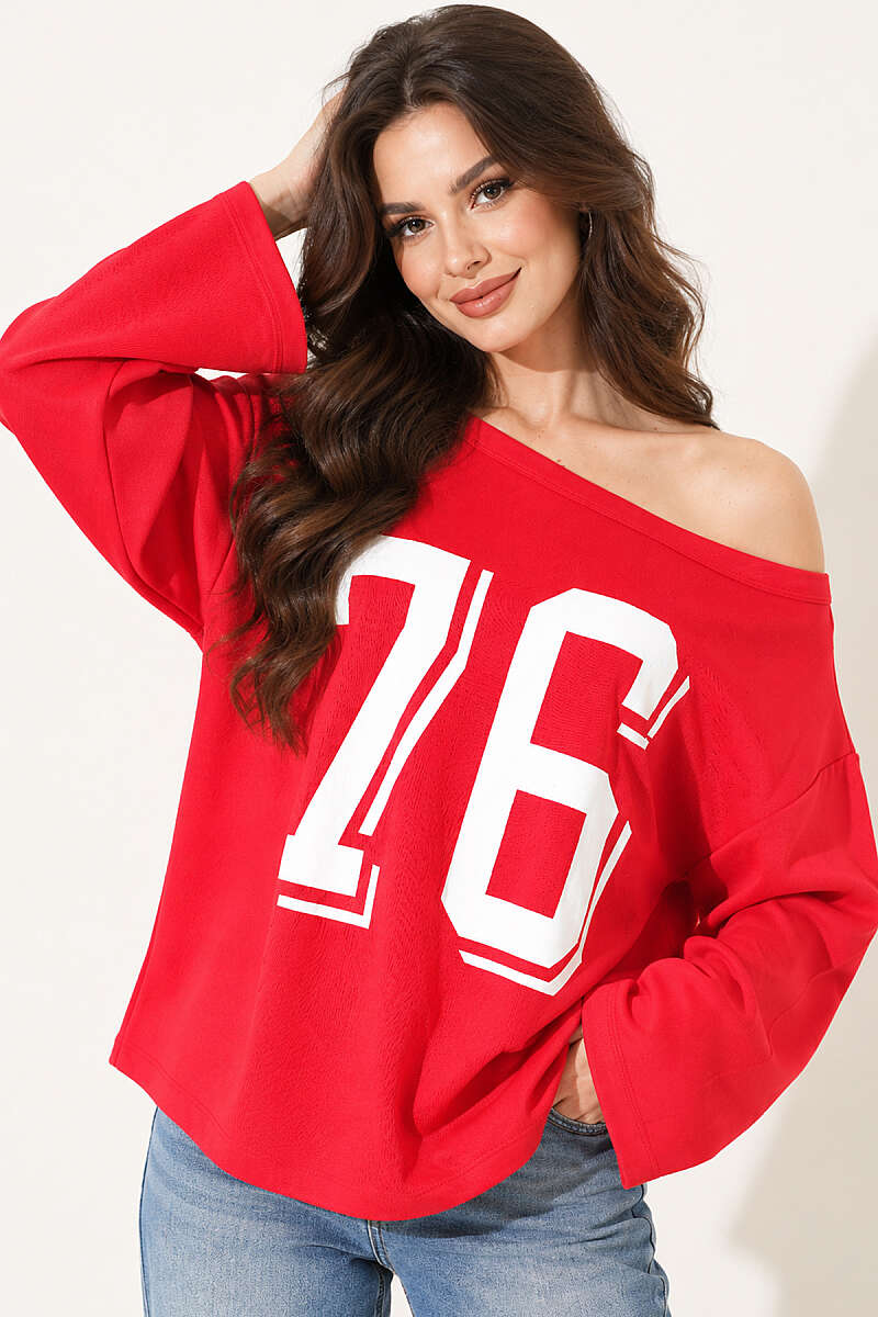 Drop-Shoulder Printed Sweatshirt - Red
