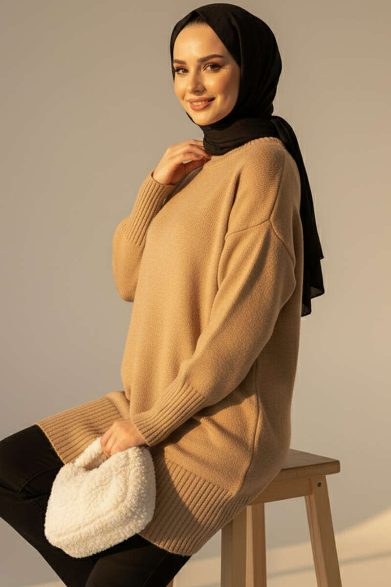 Drop-Shoulder Knit Tunic - Latte