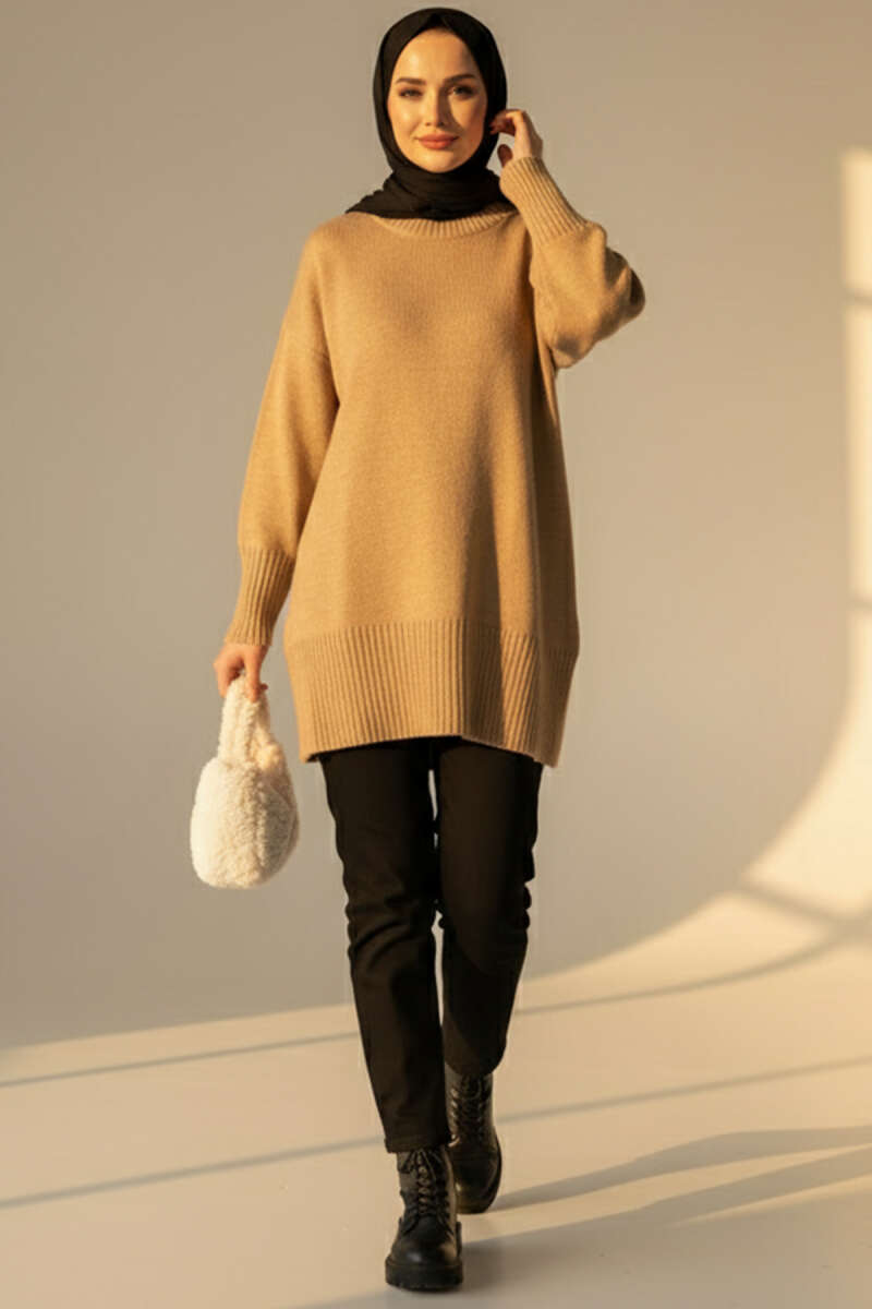 Drop-Shoulder Knit Tunic - Latte