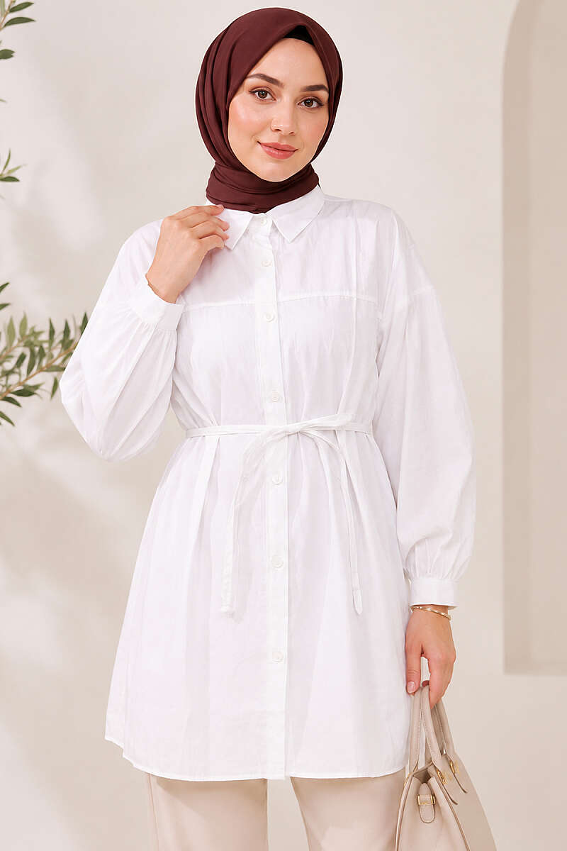 Drop-Shoulder Modal Shirt with Cord Belt - White