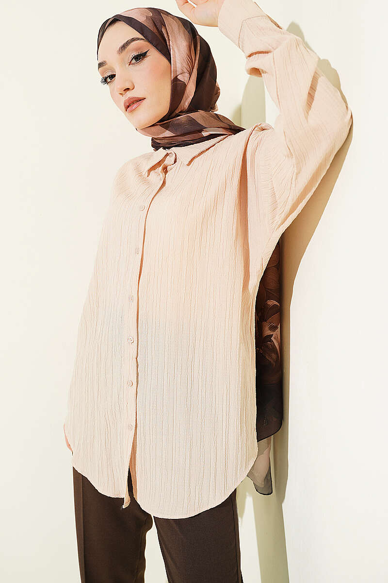 Drop-Shoulder Bark-Crinkle Shirt - Beige