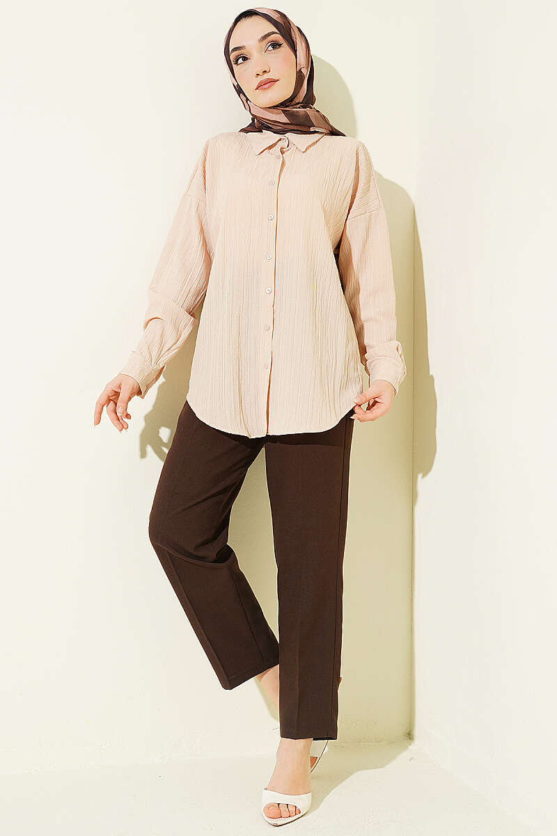 Drop-Shoulder Bark-Crinkle Shirt - Beige