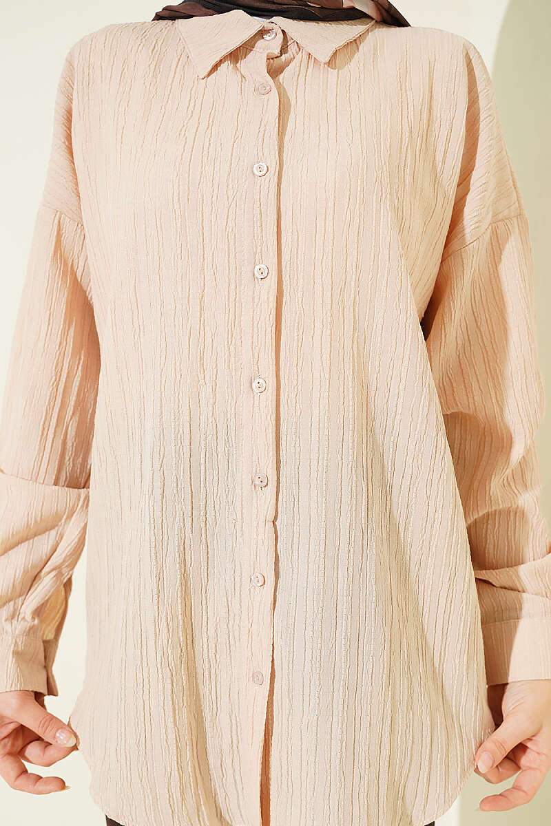 Drop-Shoulder Bark-Crinkle Shirt - Beige