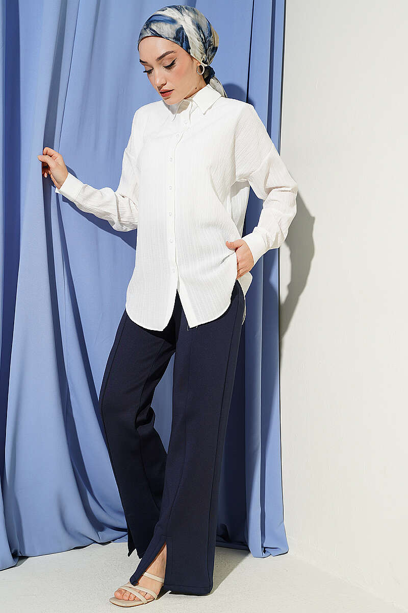 Drop-Shoulder Bark-Crinkle Shirt - Ecru