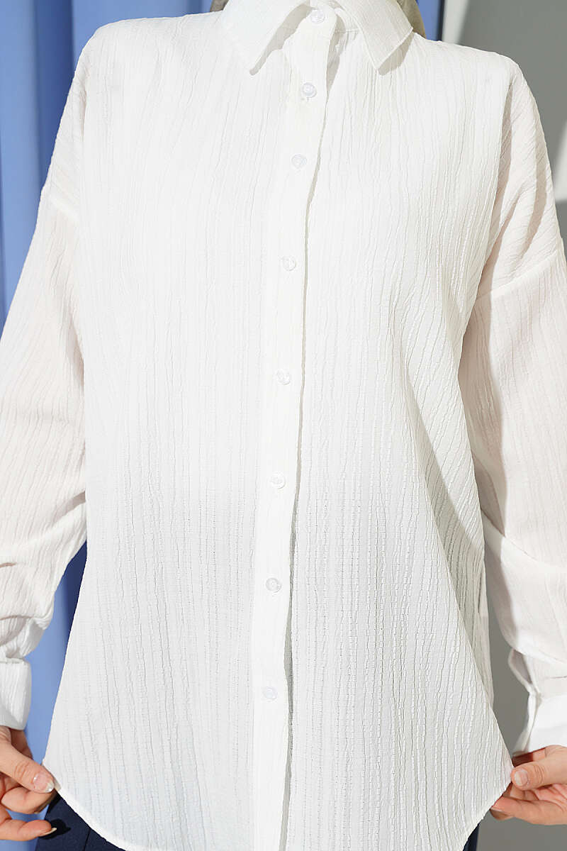 Drop-Shoulder Bark-Crinkle Shirt - Ecru