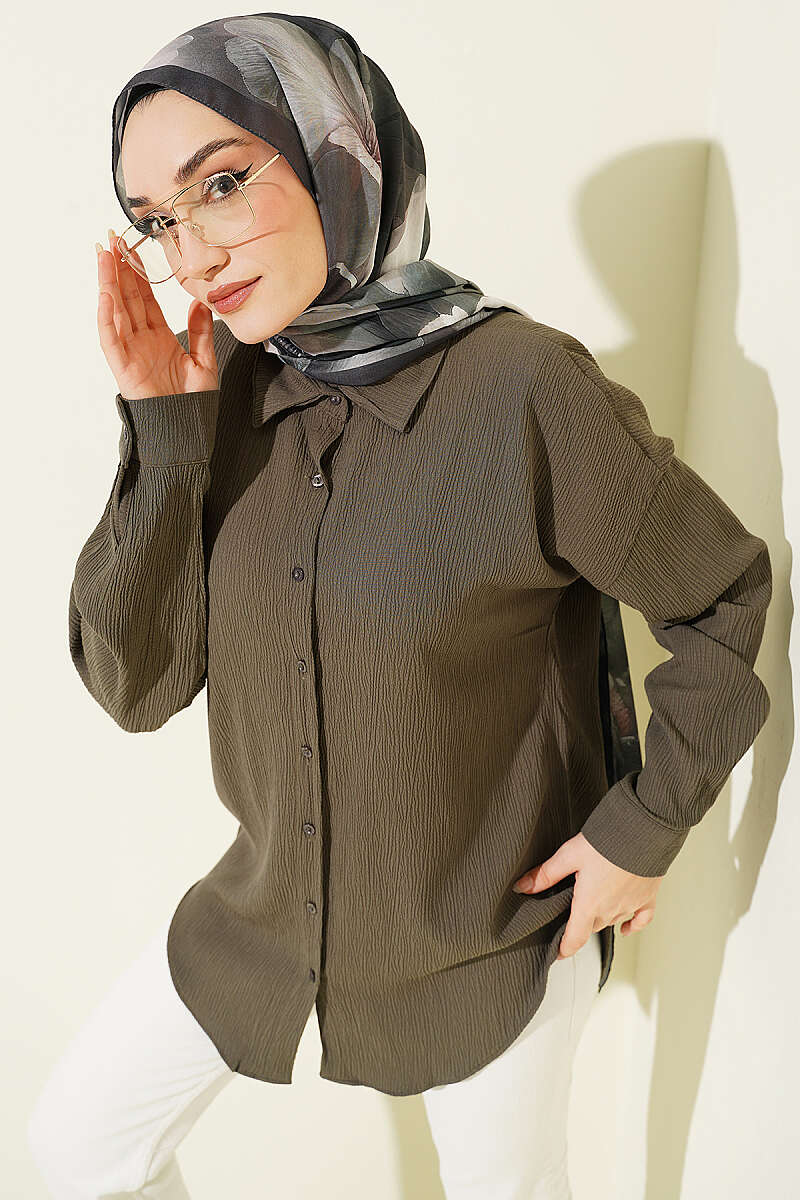 Drop-Shoulder Bark-Crinkle Shirt - Khaki