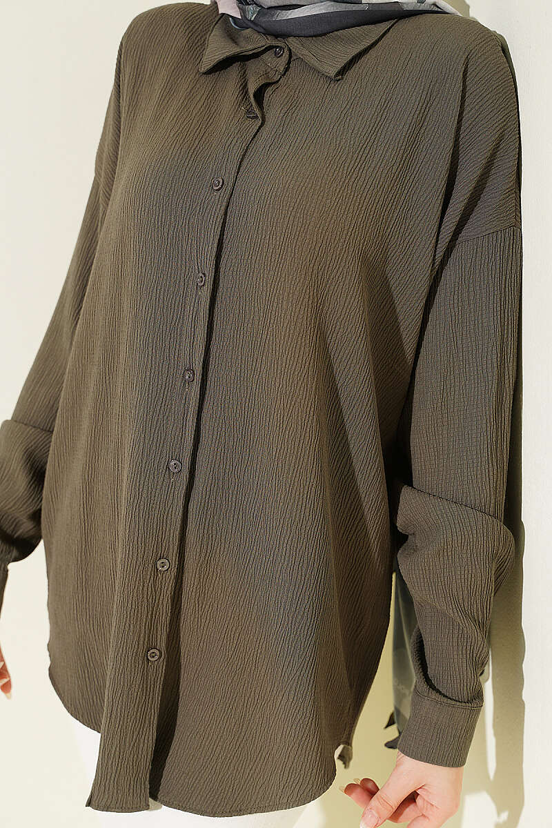 Drop-Shoulder Bark-Crinkle Shirt - Khaki