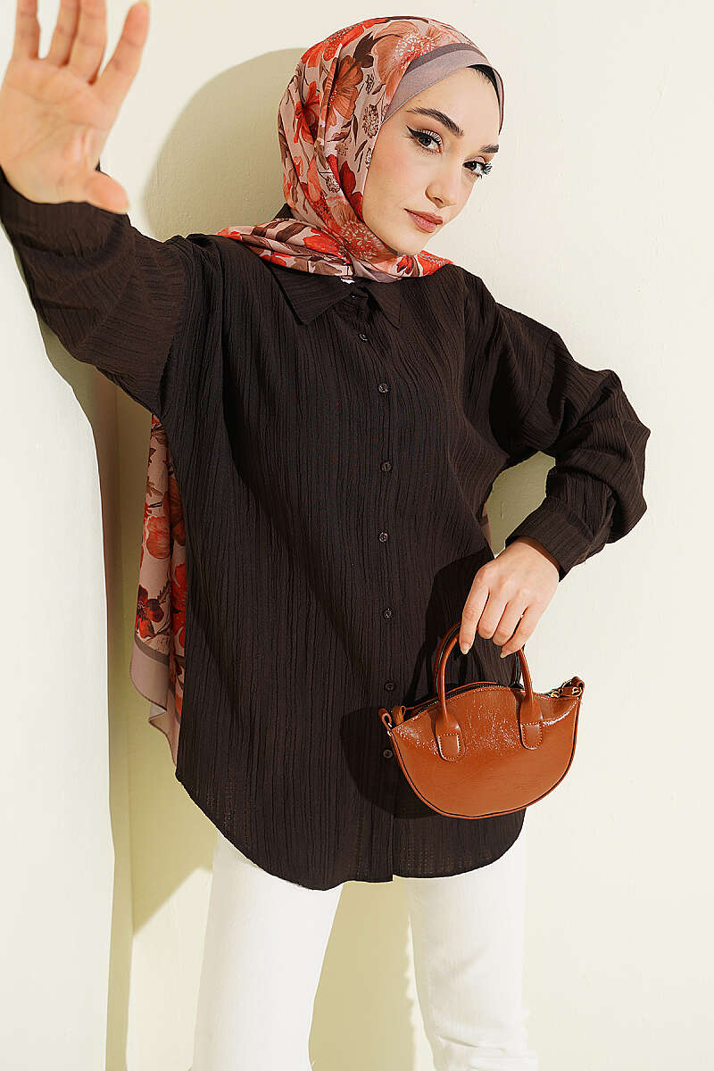 Drop-Shoulder Bark-Crinkle Shirt - Brown