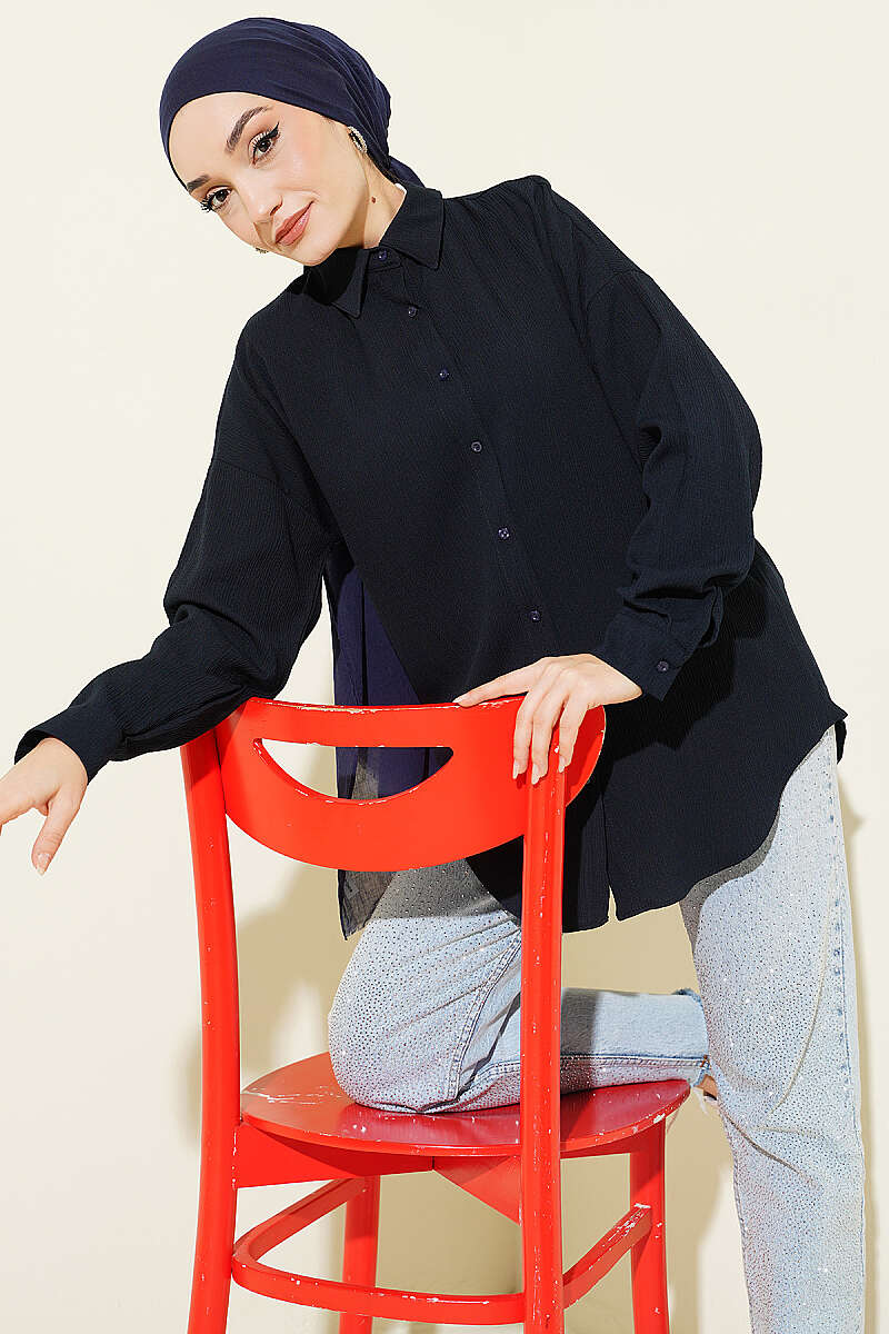 Drop-Shoulder Bark-Crinkle Shirt - Navy