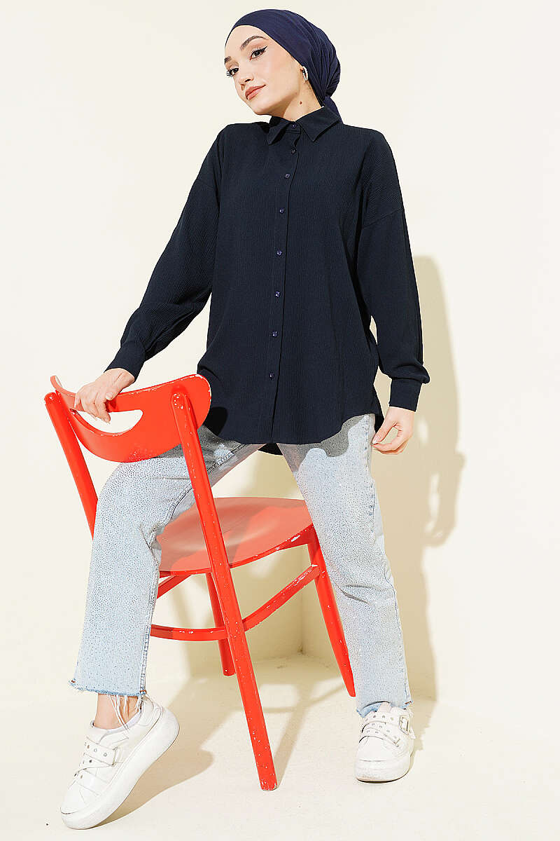 Drop-Shoulder Bark-Crinkle Shirt - Navy