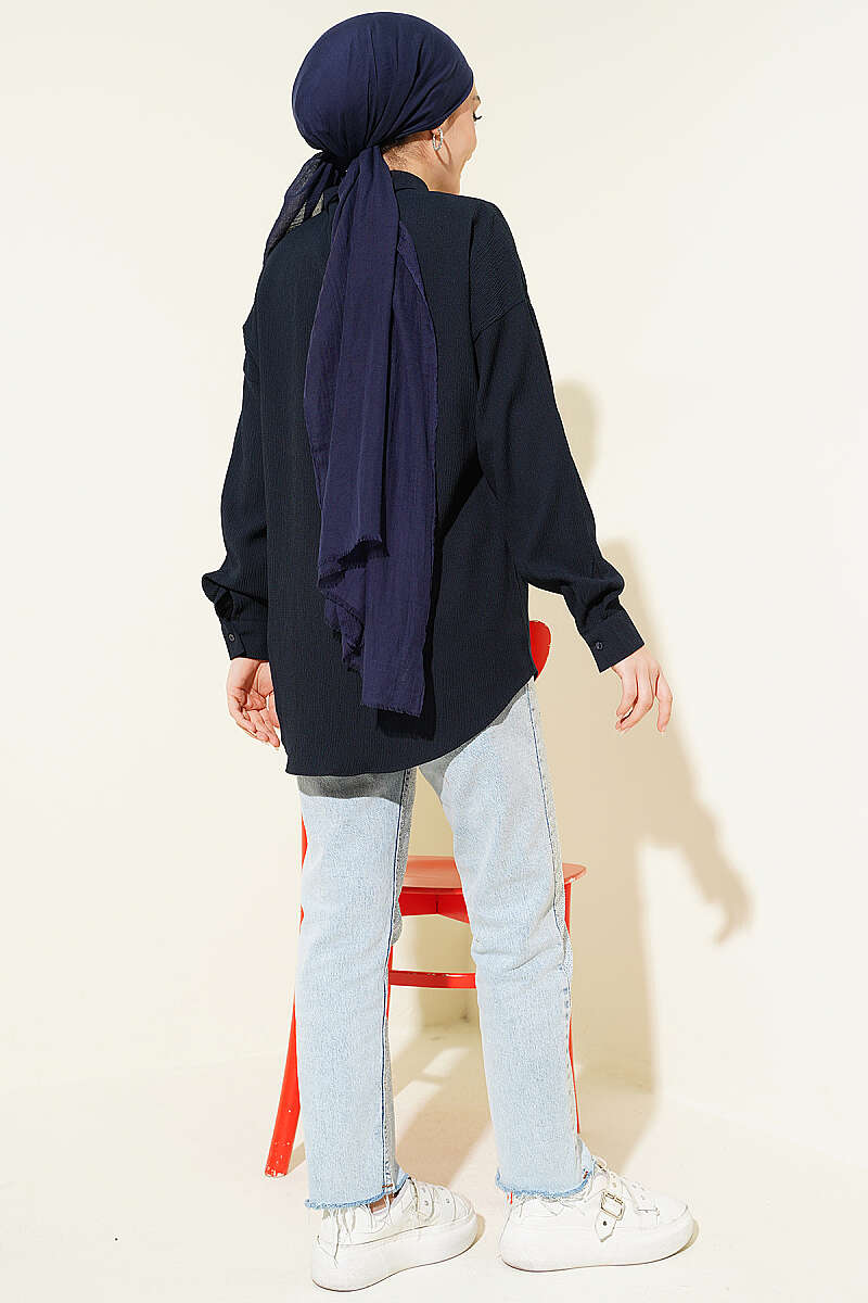 Drop-Shoulder Bark-Crinkle Shirt - Navy