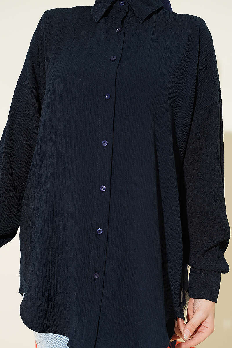 Drop-Shoulder Bark-Crinkle Shirt - Navy
